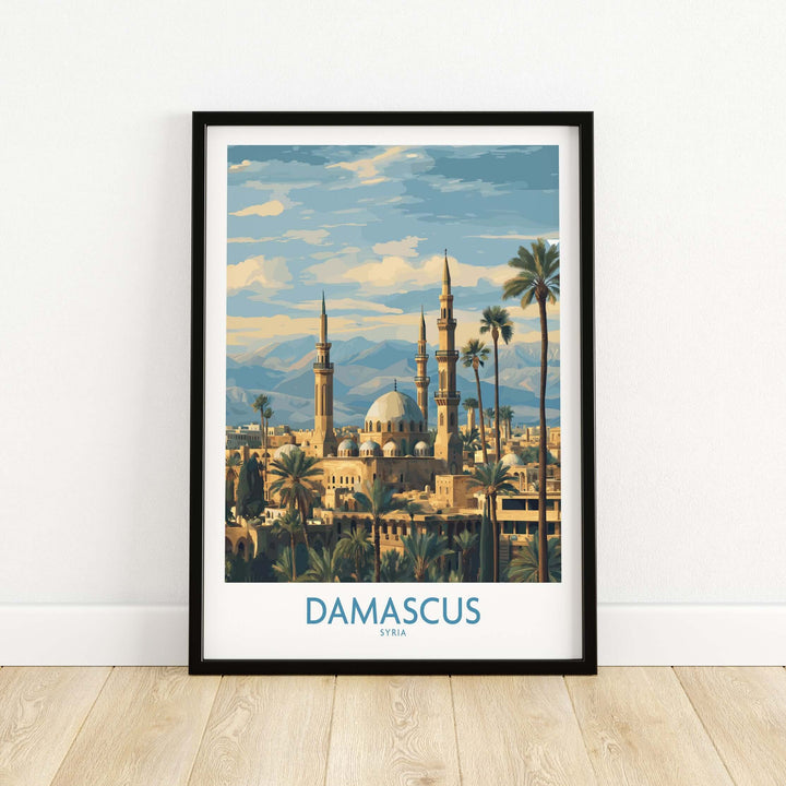 Damascus skyline poster featuring the Umayyad Mosque, elegant art print for home decor.