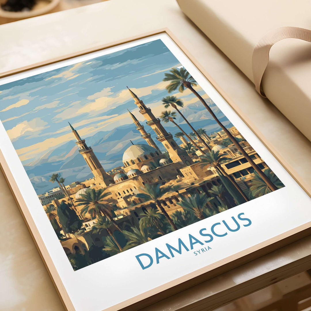 Damascus skyline poster featuring the Umayyad Mosque and palm trees, perfect for historic city wall decor.