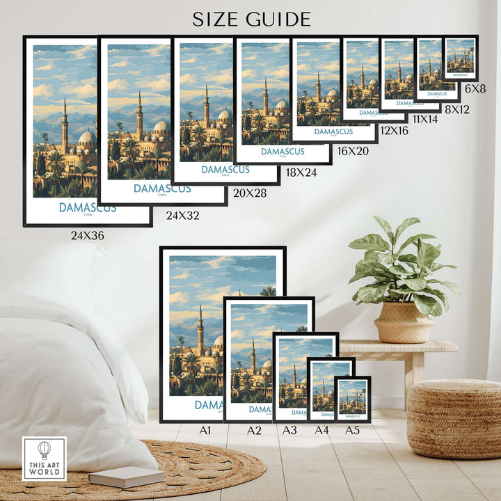 Size guide for Damascus Skyline poster prints featuring various dimensions in a stylish interior setting.