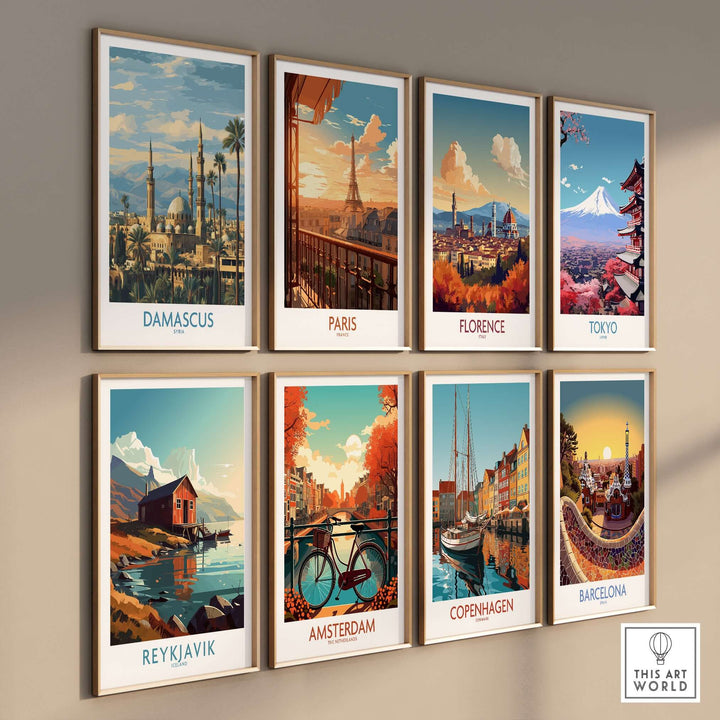 Gallery of vibrant city posters including Damascus, Paris, and Tokyo showcasing global landmarks.