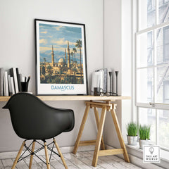 Damascus Skyline Poster - Syria Umayyad Mosque Art Print - Historic City Wall Decor in a modern workspace.