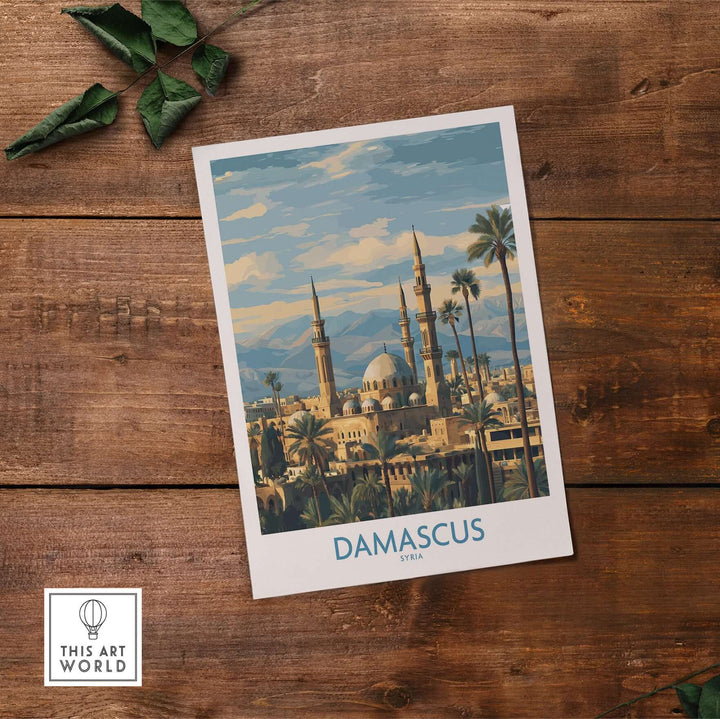 Damascus Skyline Poster featuring the Umayyad Mosque and palm trees, capturing Syria's historic beauty.