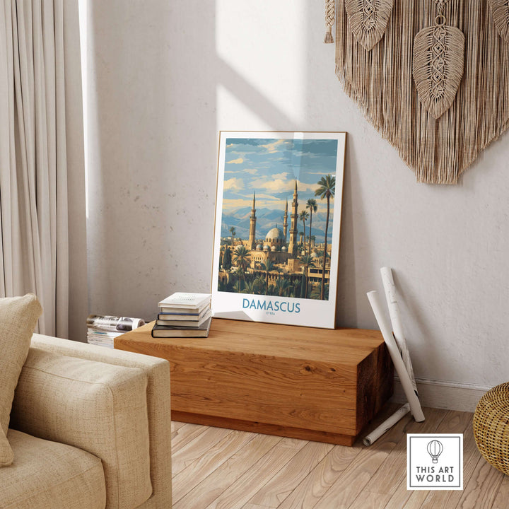 Damascus skyline poster featuring Umayyad Mosque, enhancing home decor with historical elegance.