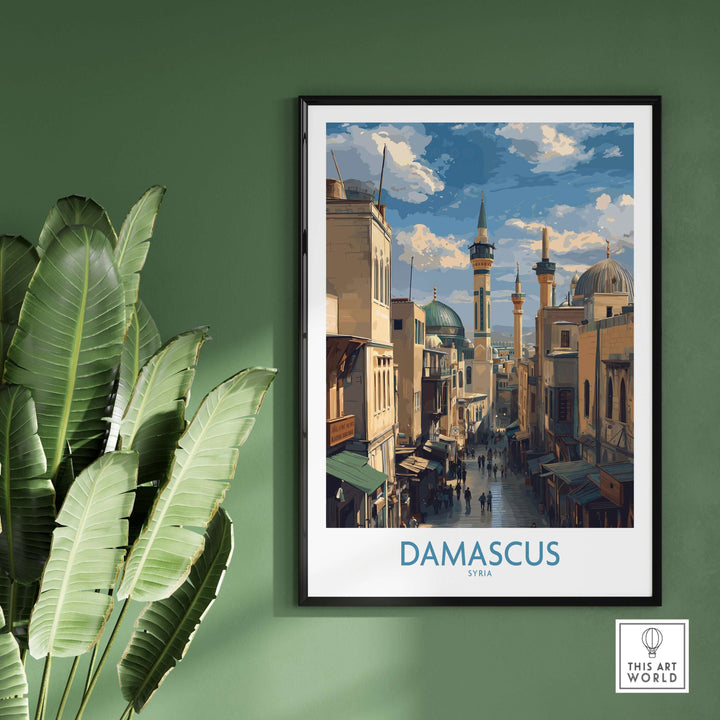 Damascus poster showcasing a vibrant souk street scene, perfect for Middle Eastern wall decor.