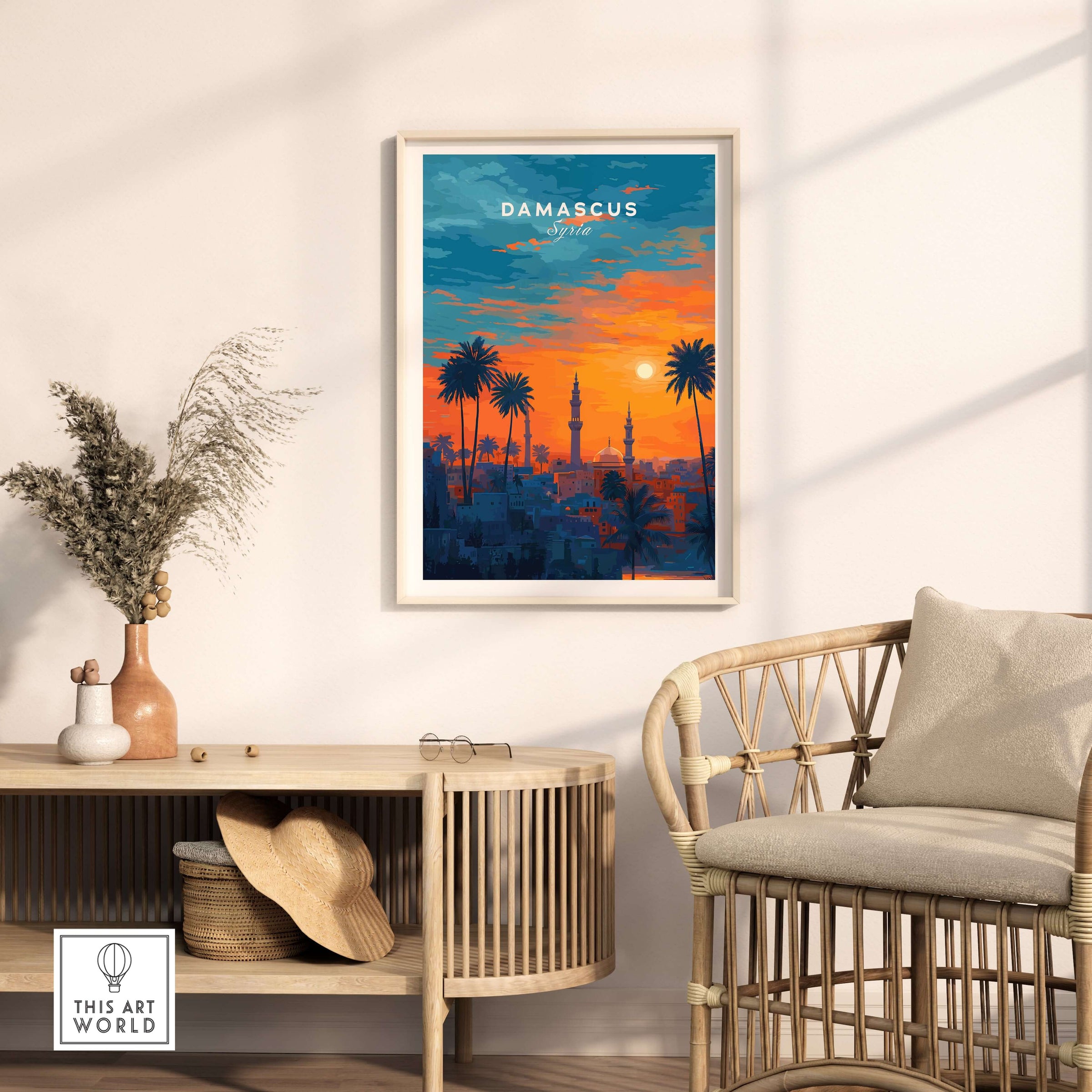 Syrian City Sunset Print - Historic Damascus Skyline Poster - Palm Tree Wall Art in modern interior setting.