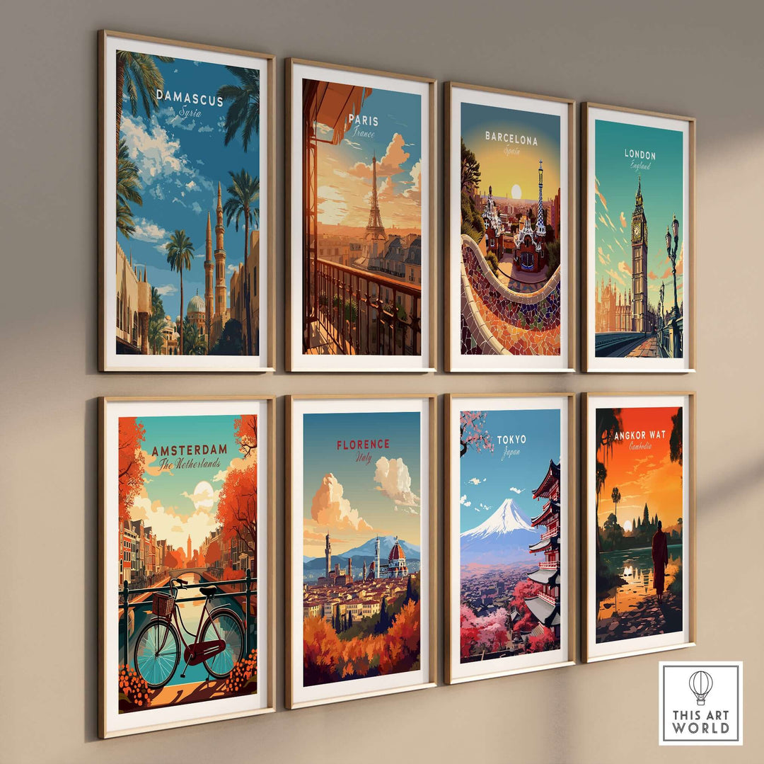 Gallery of travel posters showcasing various cities including Damascus, Paris, and Tokyo.