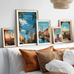 Damascus Travel Poster - Syria City Travel Print - Middle Eastern Mosque Art displayed among other city travel prints.