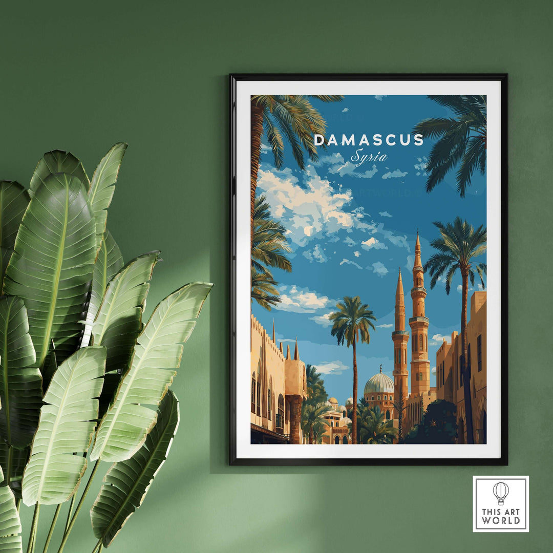 Damascus travel poster featuring a mosque and palm trees, showcasing Syria's beauty and culture.