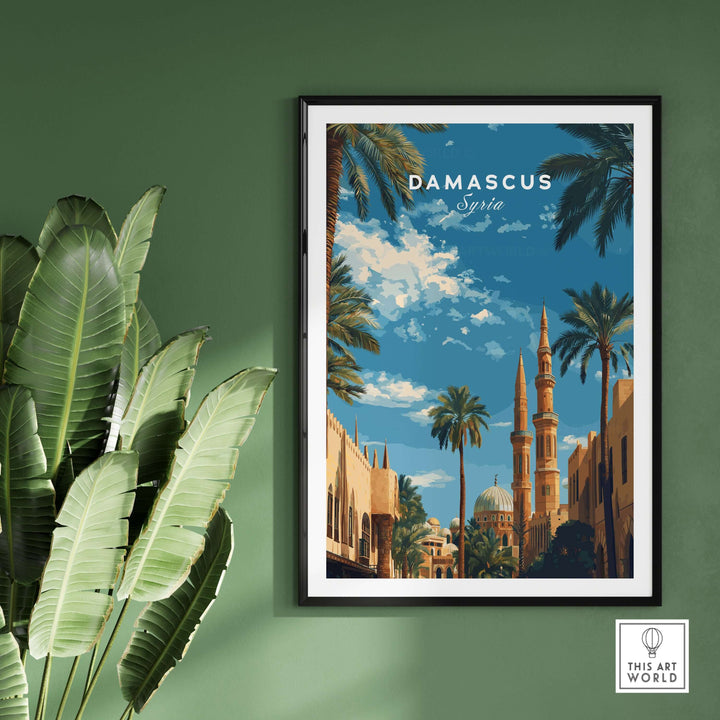 Damascus travel poster featuring a mosque and palm trees, showcasing Syria's beauty and culture.