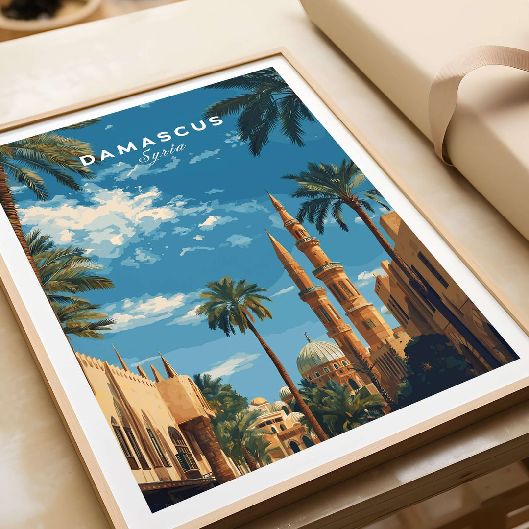 Damascus travel poster featuring a Middle Eastern mosque and palm trees, showcasing Syria's vibrant culture in art.