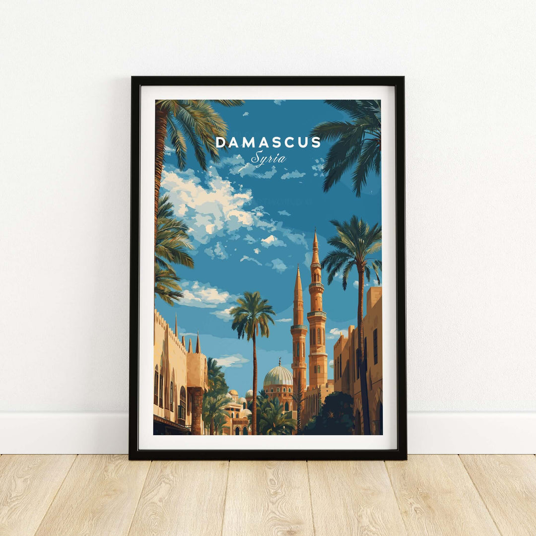 Damascus travel poster featuring a scenic view of a mosque and palm trees, celebrating Syria's cultural beauty.