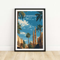 Damascus Travel Poster - Syria City Travel Print - Middle Eastern Mosque Art featuring a beautiful scene of Damascus.