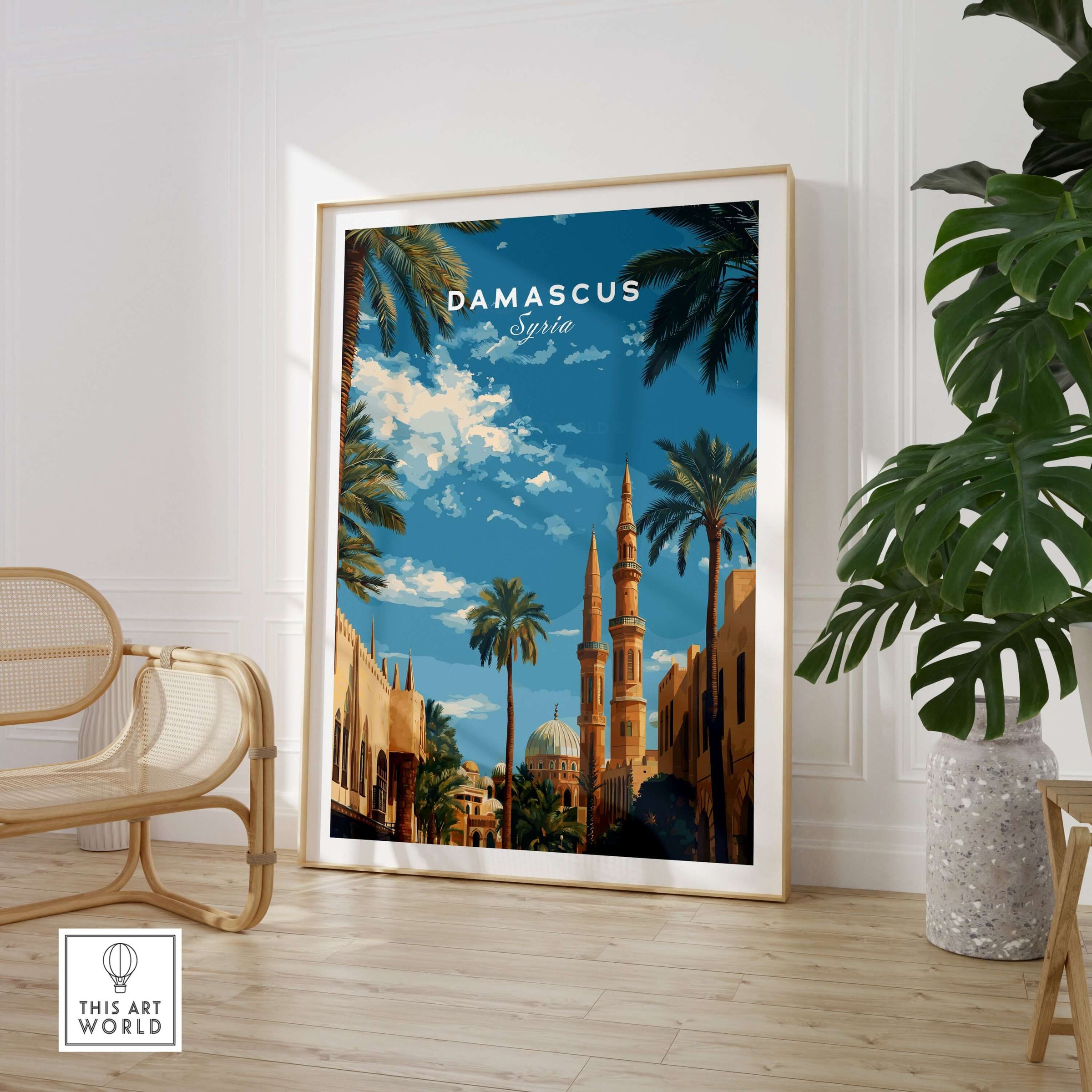 Damascus Travel Poster - Syria City Travel Print - Middle Eastern Mosque Art featuring a beautiful mosque among palm trees.