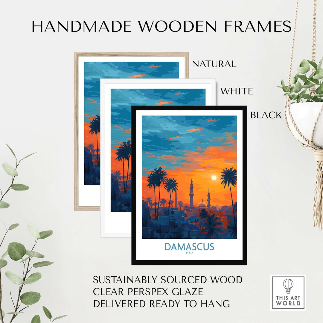 Handmade wooden frames for Damascus poster art print in natural, white, and black options, featuring sunset cityscape.