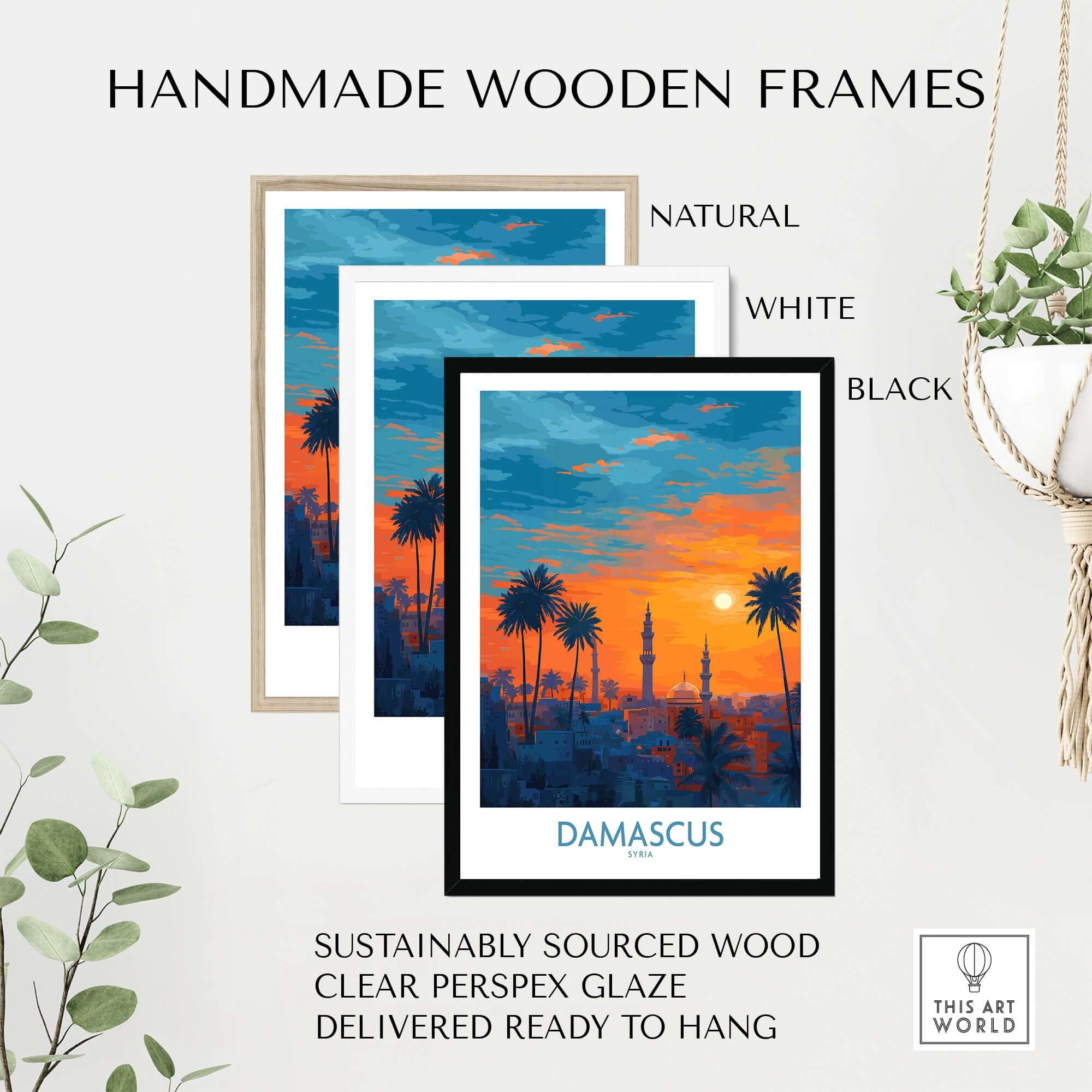 Damascus Poster - Syria Mosque Art Print - Cityscape Wall Decor - Sunset Sky Travel Art displayed in handmade wooden frames.
