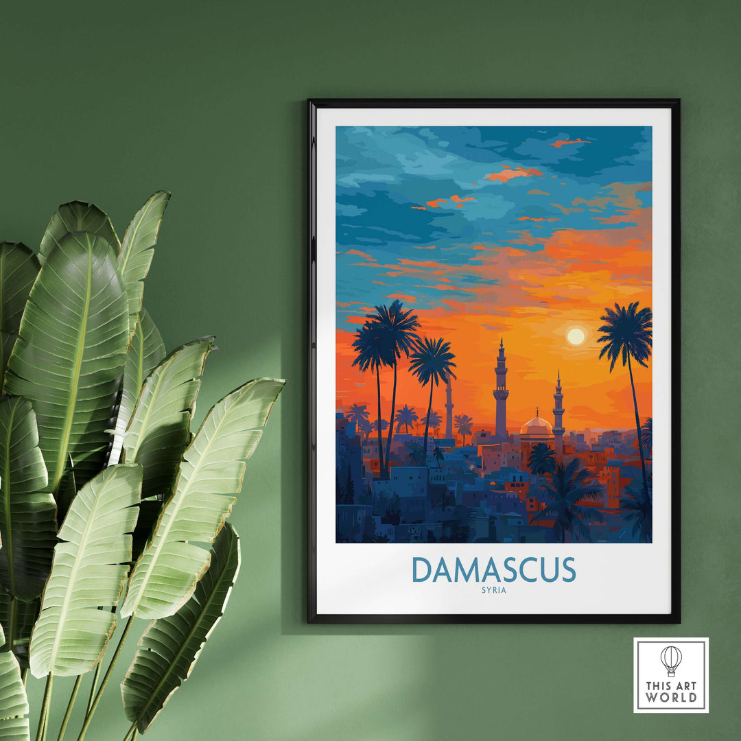 Damascus cityscape poster featuring a mosque at sunset with palm trees, vibrant orange and blue sky, perfect for wall decor.