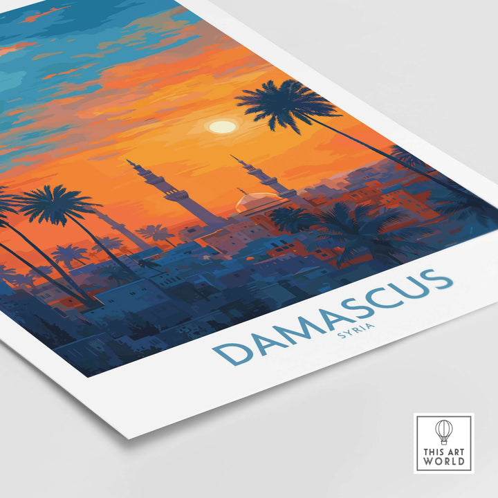 Damascus poster art print showcasing a vibrant sunset cityscape with palm trees and mosque silhouettes.