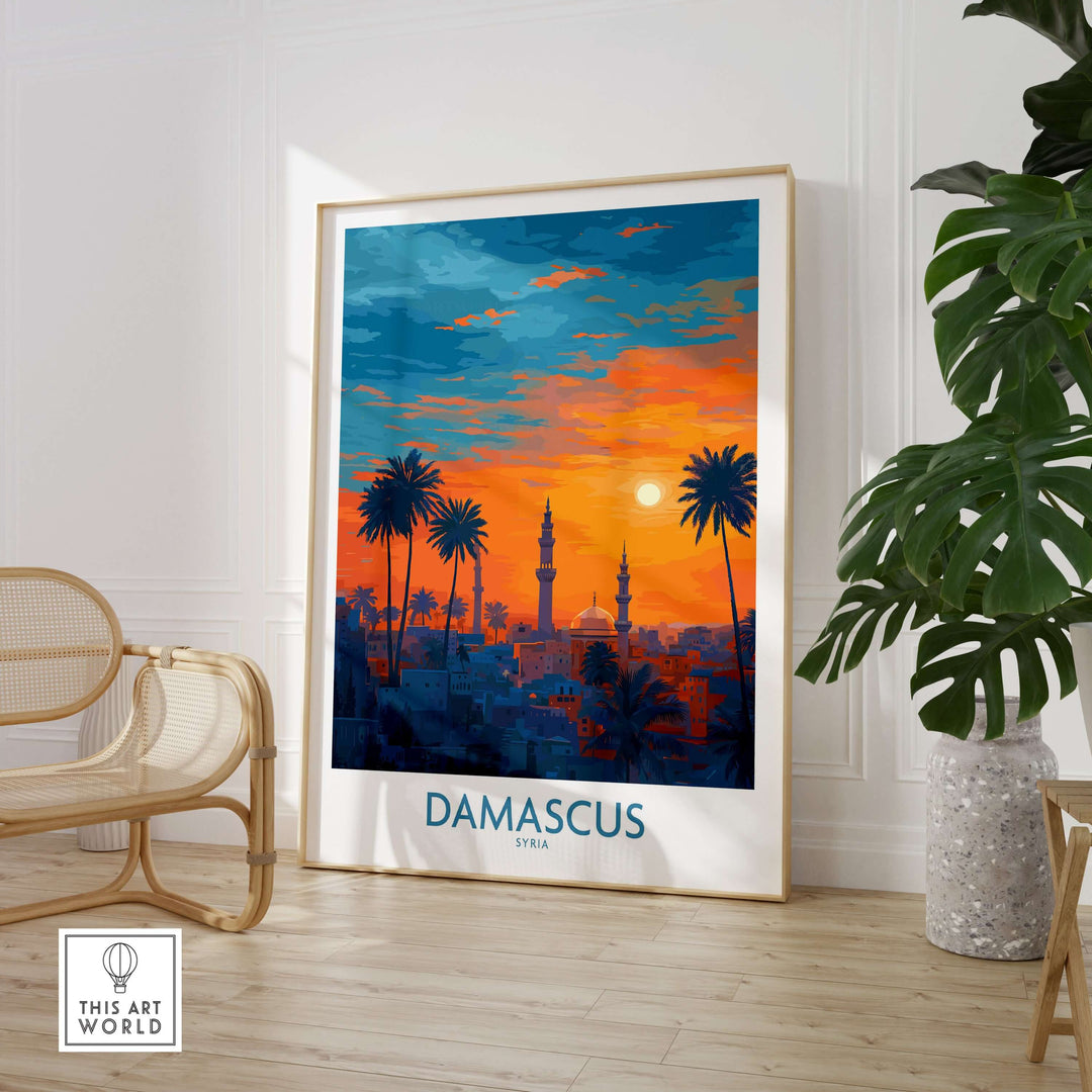 Damascus Syria mosque art print showcasing vibrant sunset cityscape with palms, ideal for wall decor.