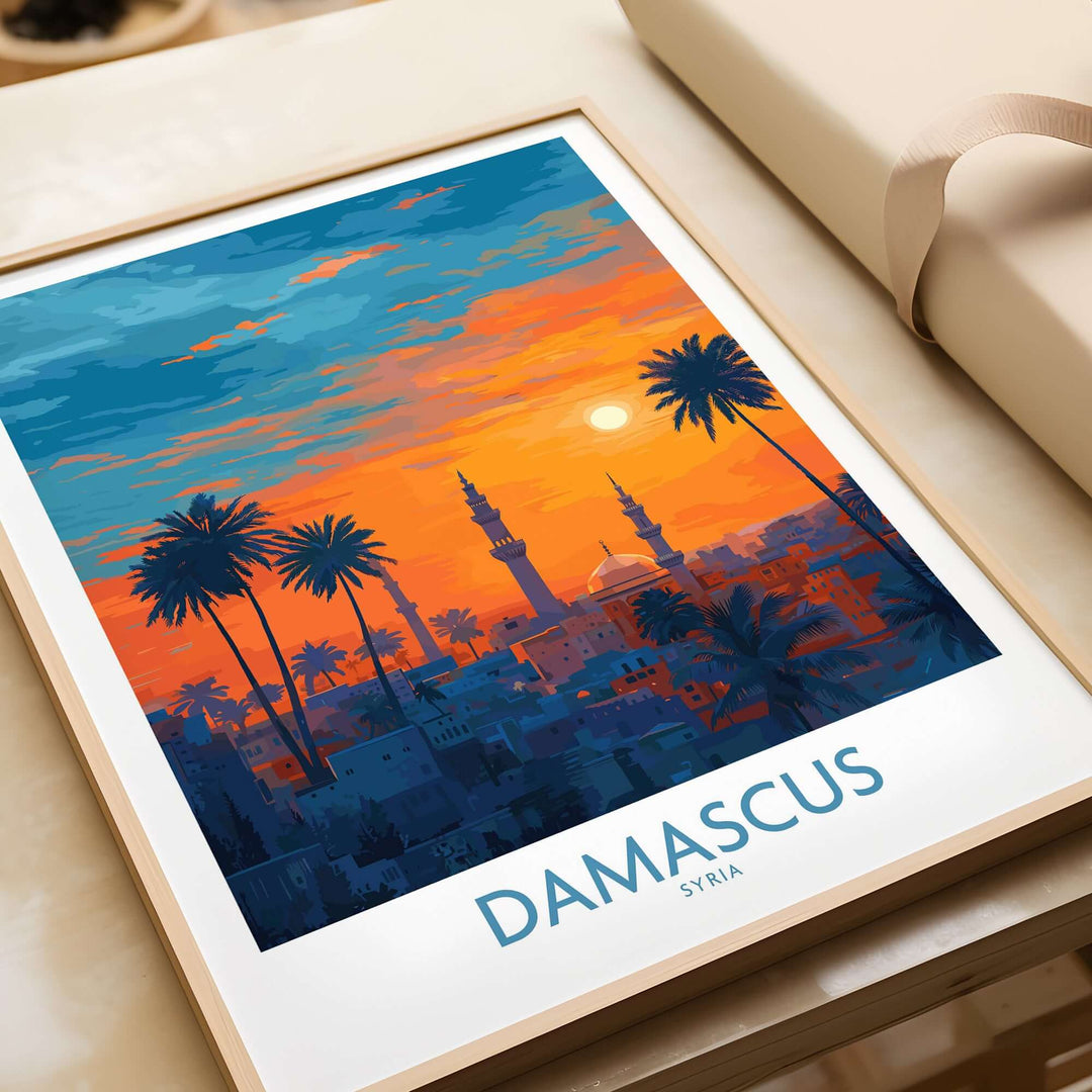 Damascus poster art print featuring a vibrant mosque cityscape at sunset with palm trees
