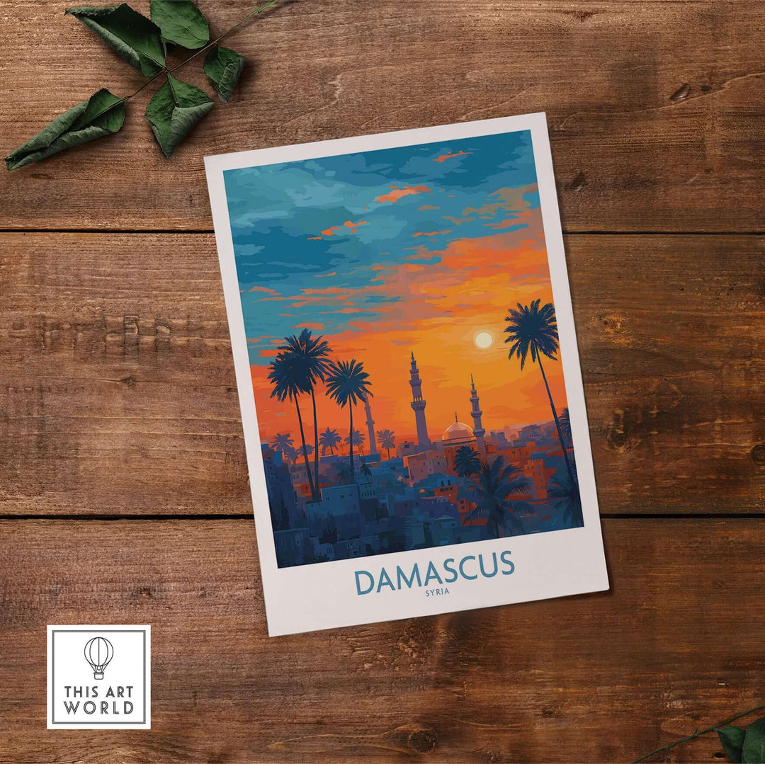 Damascus poster featuring a vibrant sunset over a mosque cityscape with palm trees, perfect for wall decor.