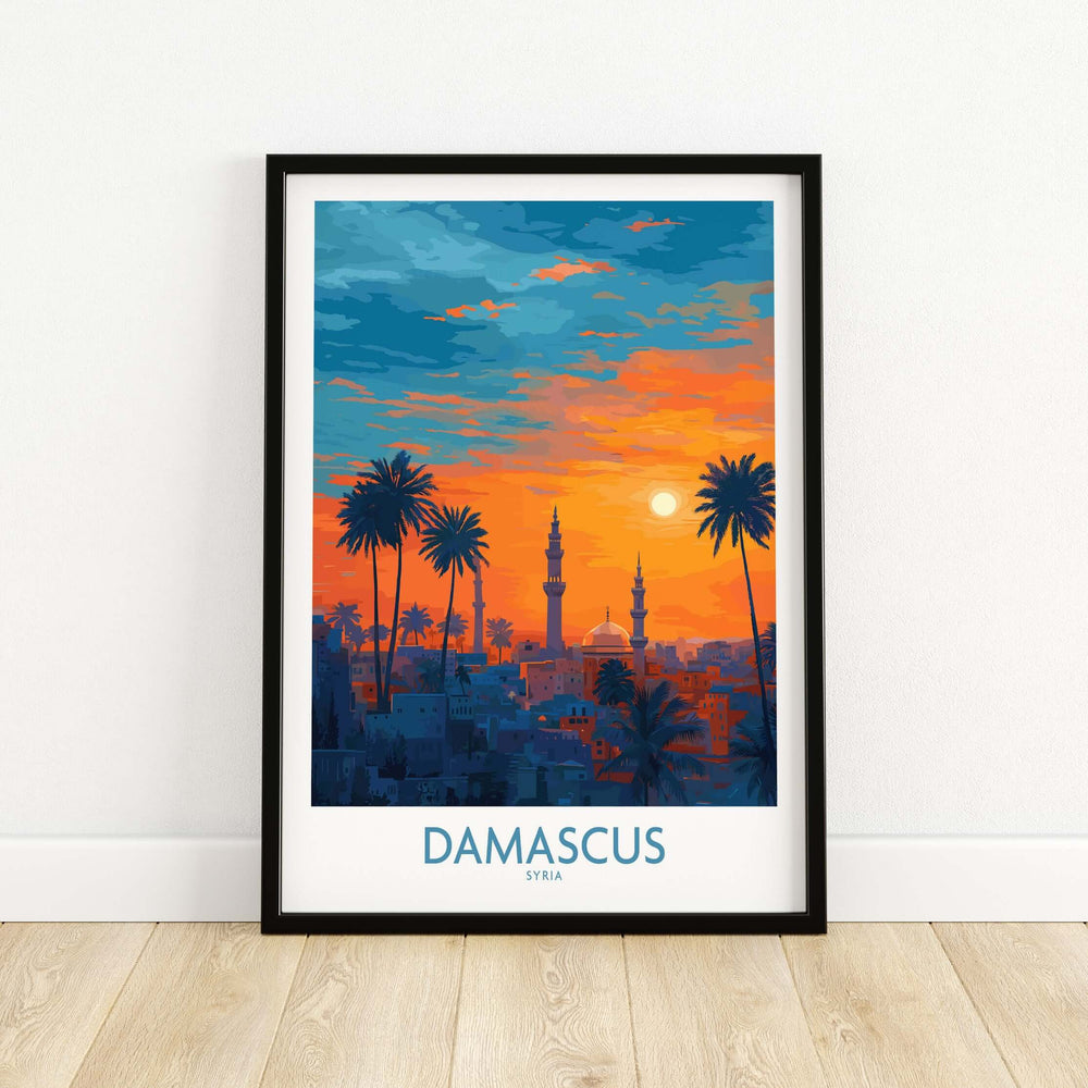 Damascus poster featuring a sunset cityscape with mosques and palm trees, perfect for wall decor.