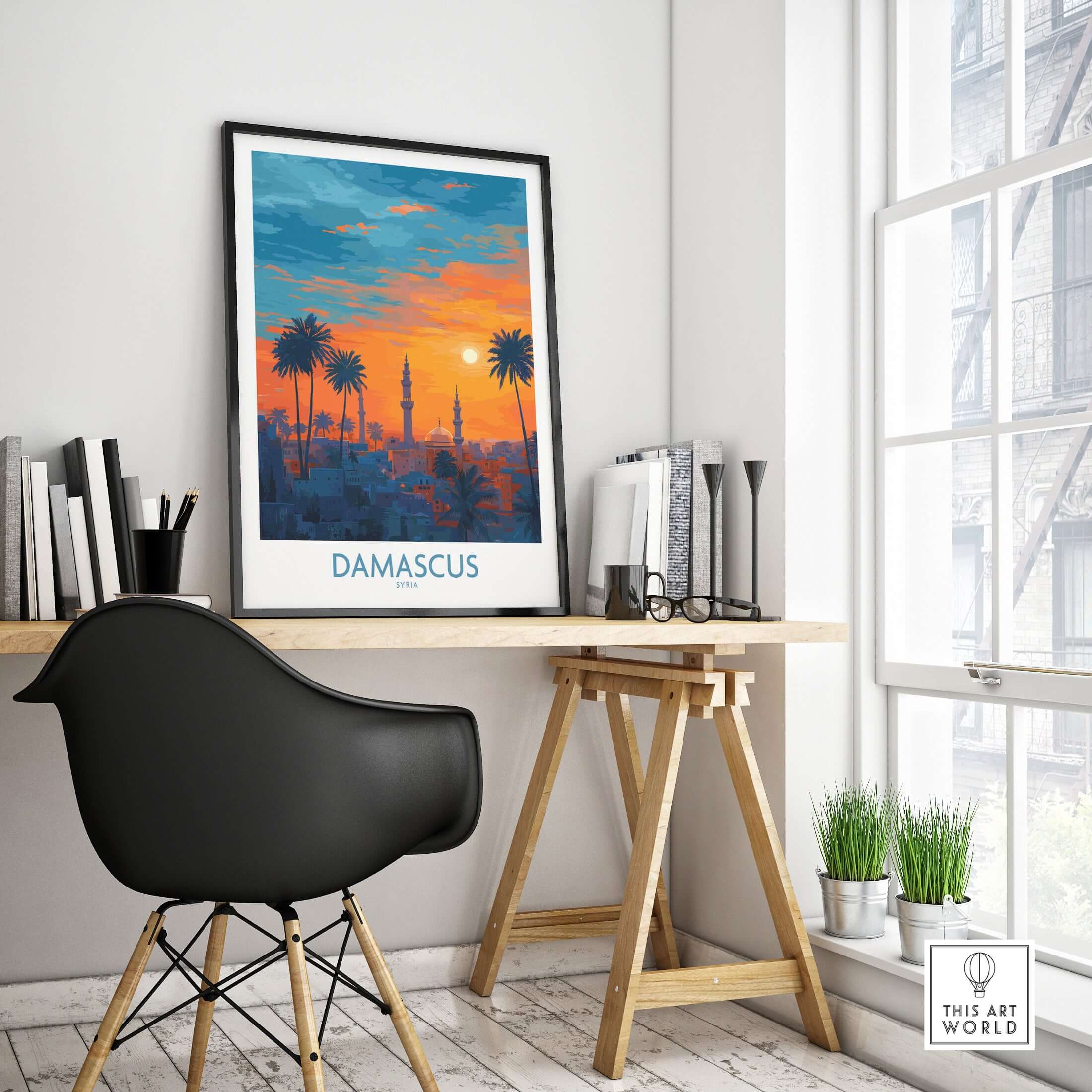 Damascus Poster - Syria Mosque Art Print - Cityscape Wall Decor - Sunset Sky Travel Art displayed in a modern workspace.