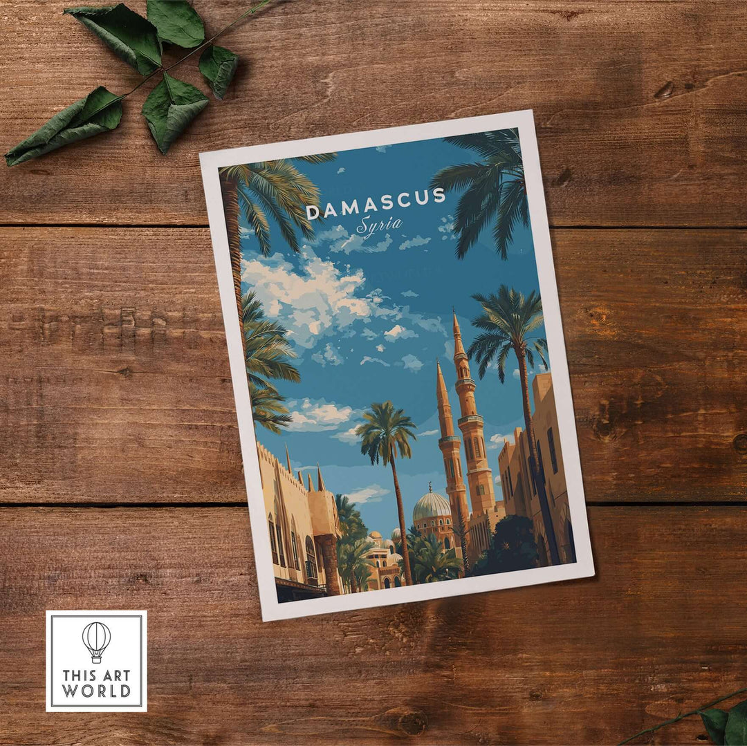 Damascus travel poster featuring a Middle Eastern mosque and palm trees, showcasing Syria's vibrant culture.