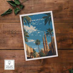 Damascus Travel Poster - Syria City Travel Print - Middle Eastern Mosque Art showcasing a beautiful view of Damascus.