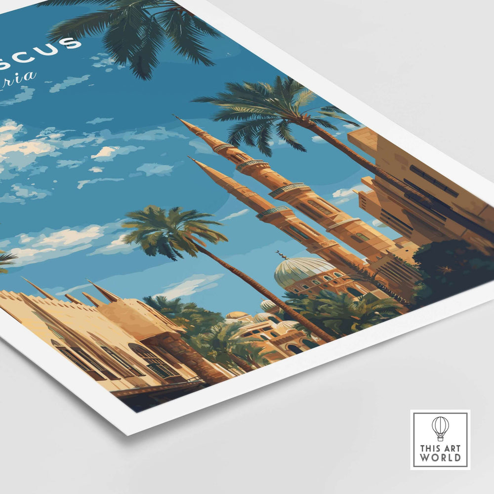 Damascus travel poster showcasing a Middle Eastern mosque and palm trees, ideal for art and travel enthusiasts.