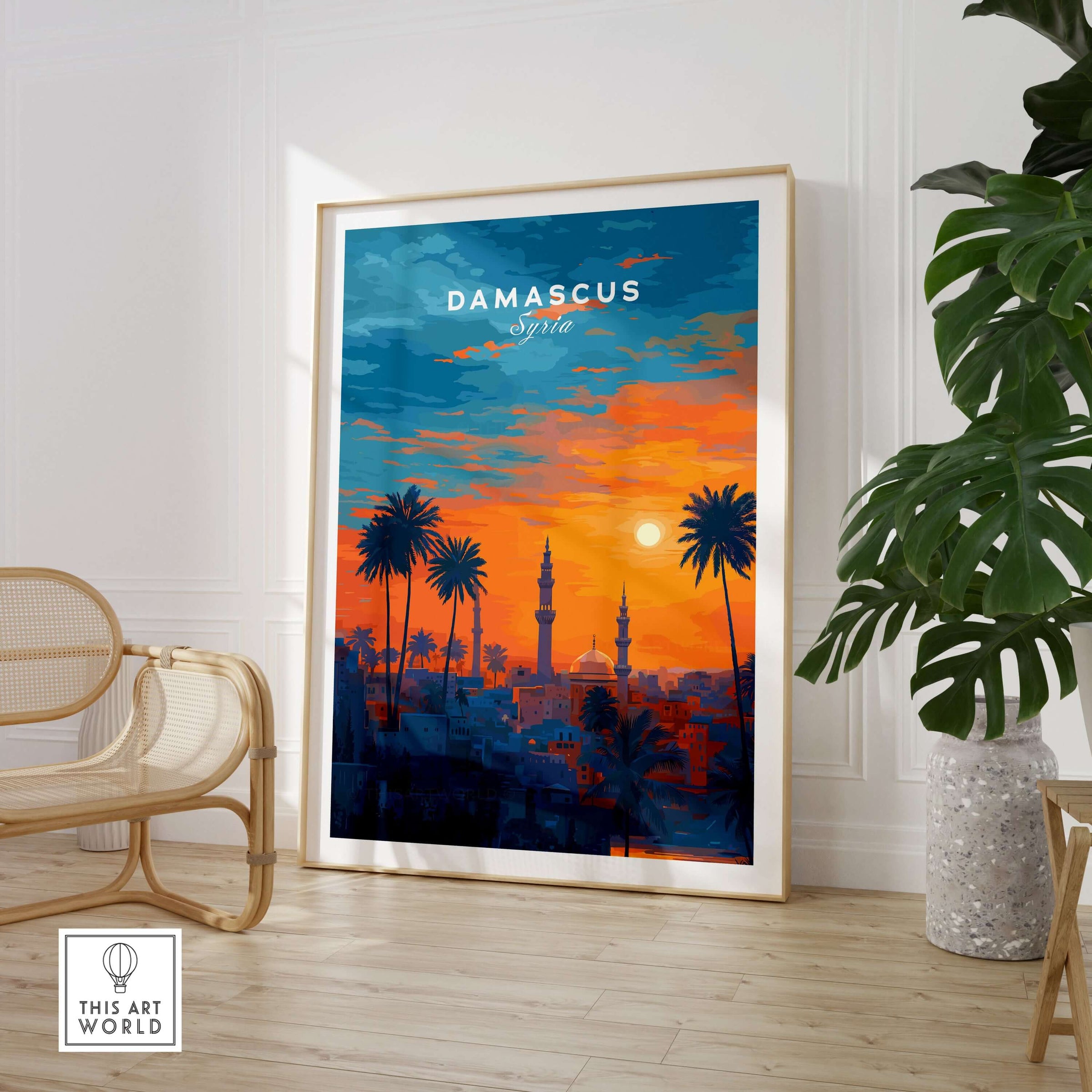 Syrian City Sunset Print - Historic Damascus Skyline Poster - Palm Tree Wall Art displayed in modern interior decor.