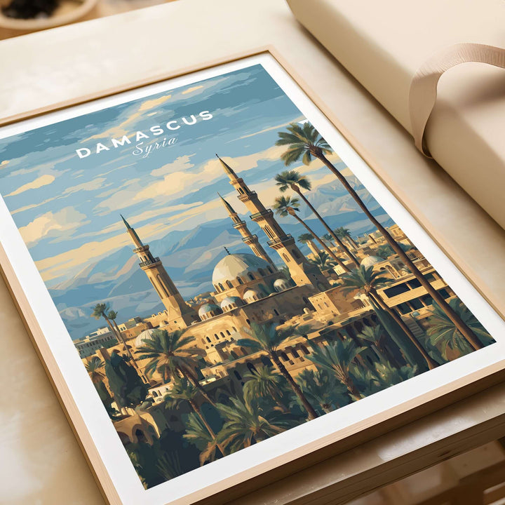 Damascus travel print featuring a Syrian mosque and palm trees, showcasing Middle East wall art decor.