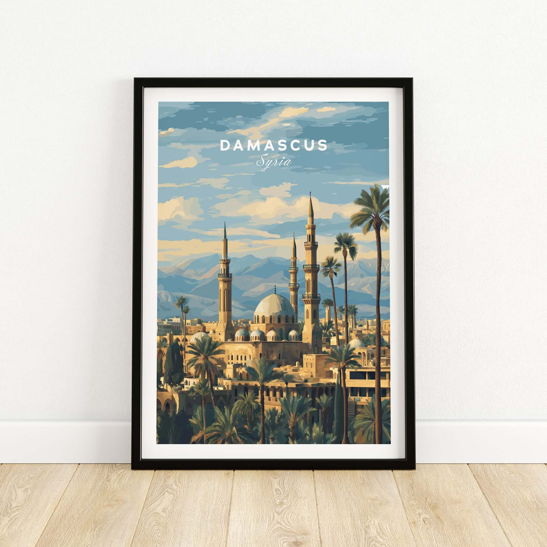 Damascus travel poster featuring a Syrian mosque and palm trees with mountains in the background.