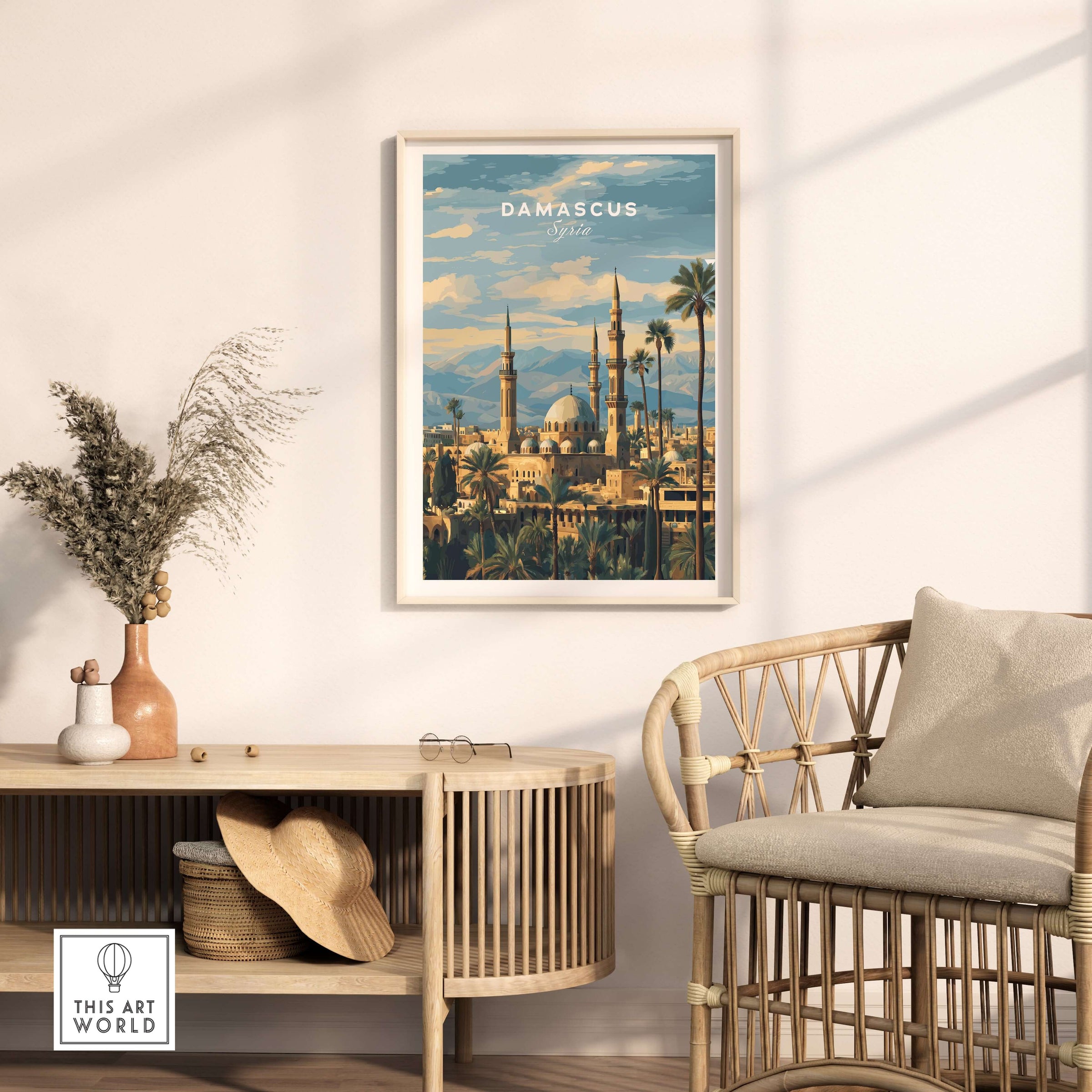 Damascus Travel Print - Syrian Mosque & Palm Trees Poster - Middle East Wall Art displayed in a stylish living room.