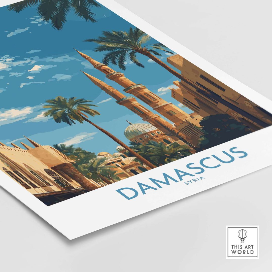 Damascus Umayyad Mosque art print with palm trees, showcasing a vibrant cityscape of Syria.