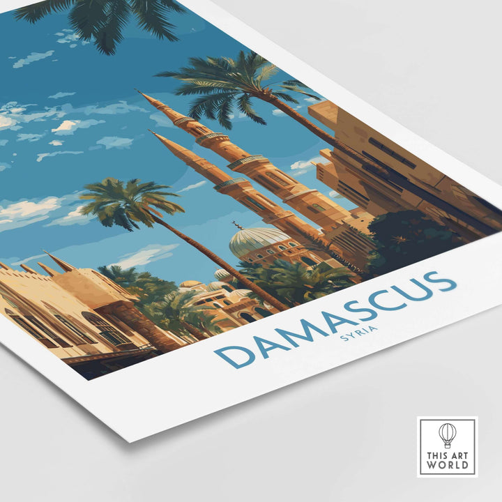 Damascus Umayyad Mosque art print with palm trees, showcasing a vibrant cityscape of Syria.