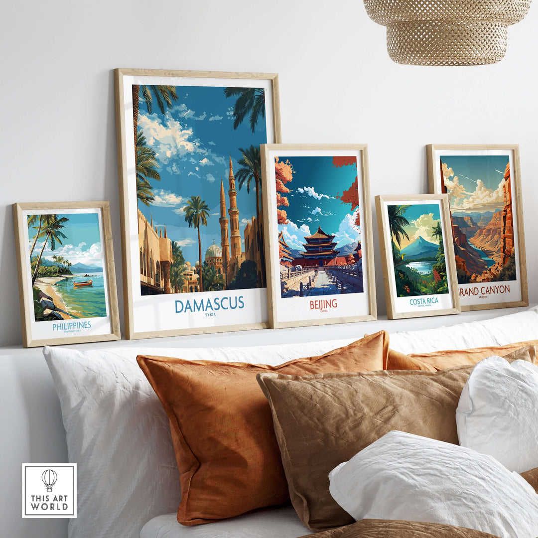 Collection of travel art prints featuring Damascus, Beijing, Philippines, Costa Rica, and Grand Canyon.