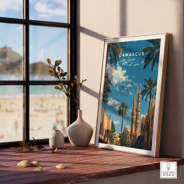 Damascus travel poster featuring a Middle Eastern mosque, surrounded by palm trees and bright blue skies.