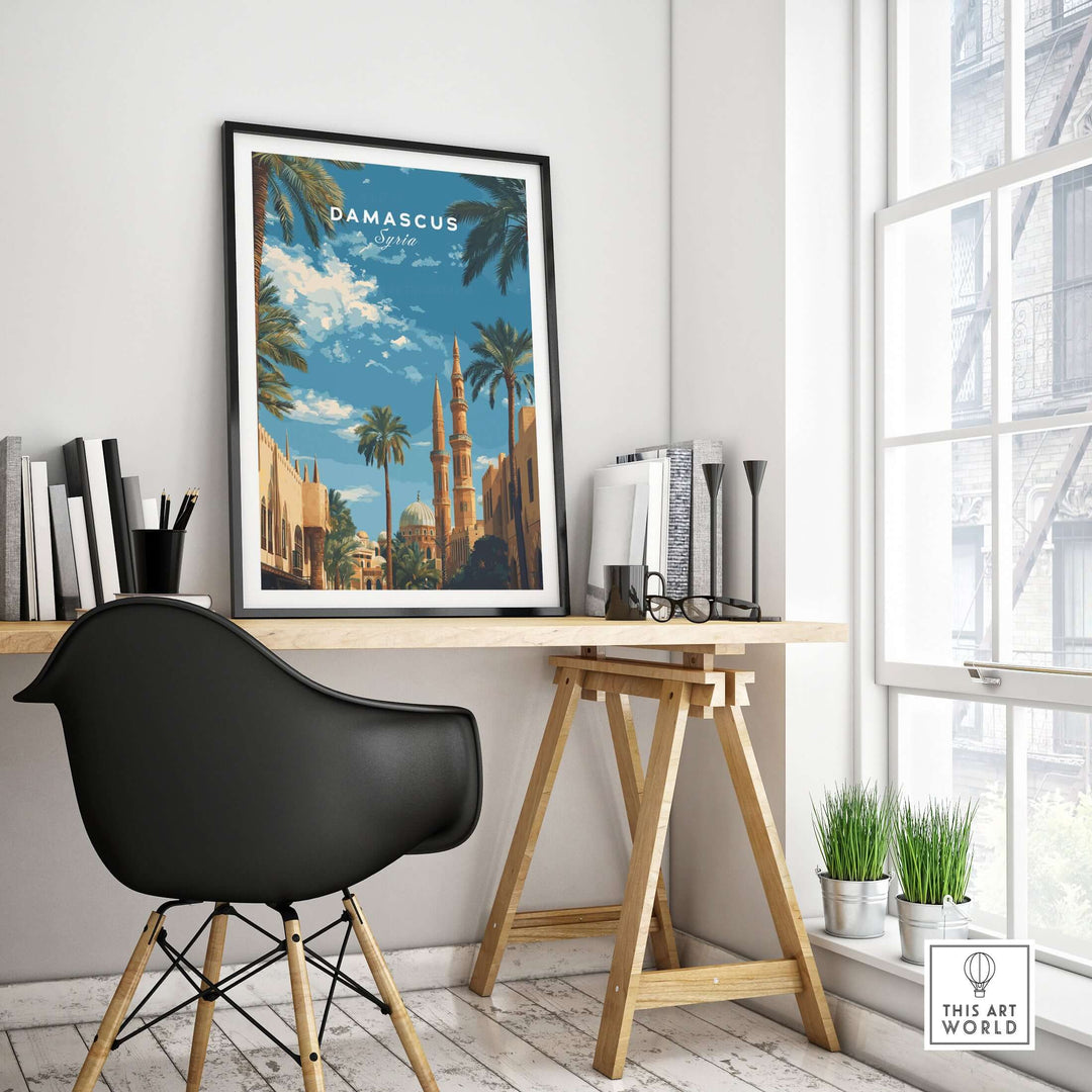 Damascus travel poster art featuring a Middle Eastern mosque in a stylish home office setting.