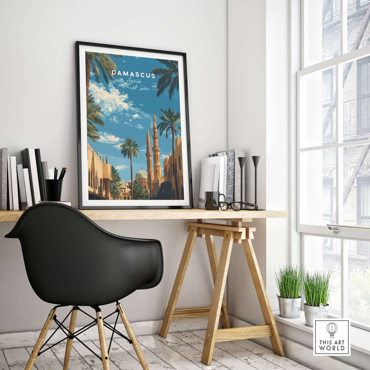 Damascus travel poster art featuring a Middle Eastern mosque in a stylish home office setting.