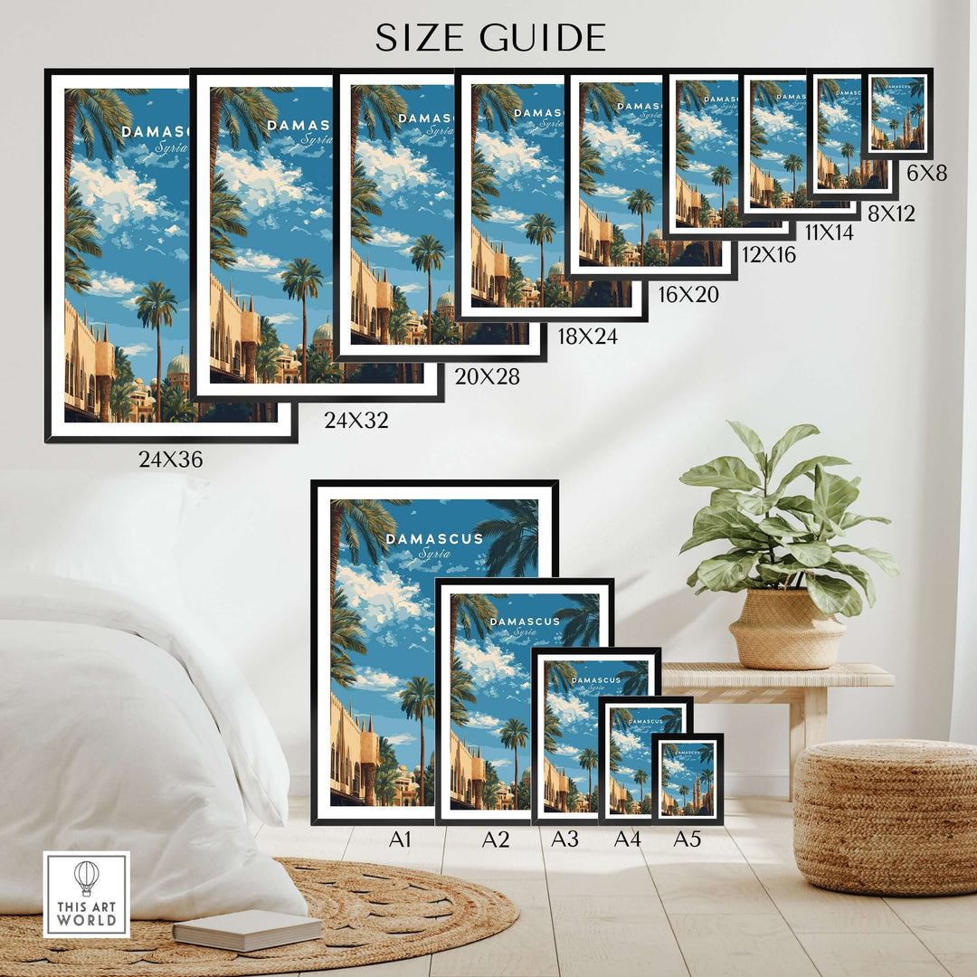 Size guide for Damascus travel poster prints in various dimensions displayed in a stylish living room setting.