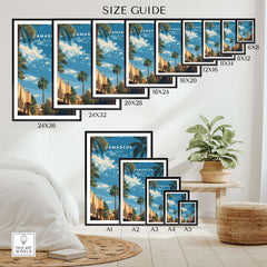 Damascus Travel Poster - Syria City Travel Print - Middle Eastern Mosque Art size guide showcasing various frame sizes.