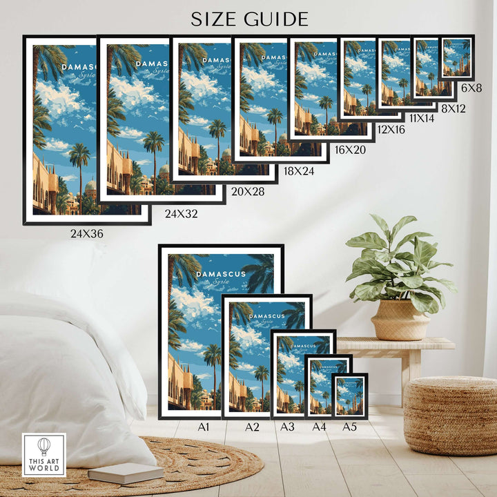 Size guide for Damascus travel poster prints in various dimensions displayed in a stylish living room setting.