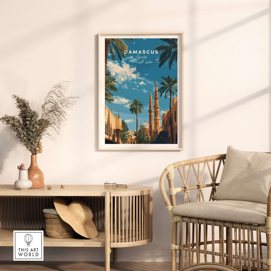 Damascus travel poster featuring a mosque and palm trees in a stylish home interior.