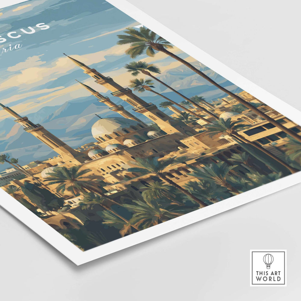 Damascus Travel Print featuring a Syrian mosque and palm trees, showcasing Middle Eastern decor in elegant design.