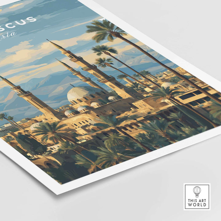 Damascus Travel Print featuring a Syrian mosque and palm trees, showcasing Middle Eastern decor in elegant design.