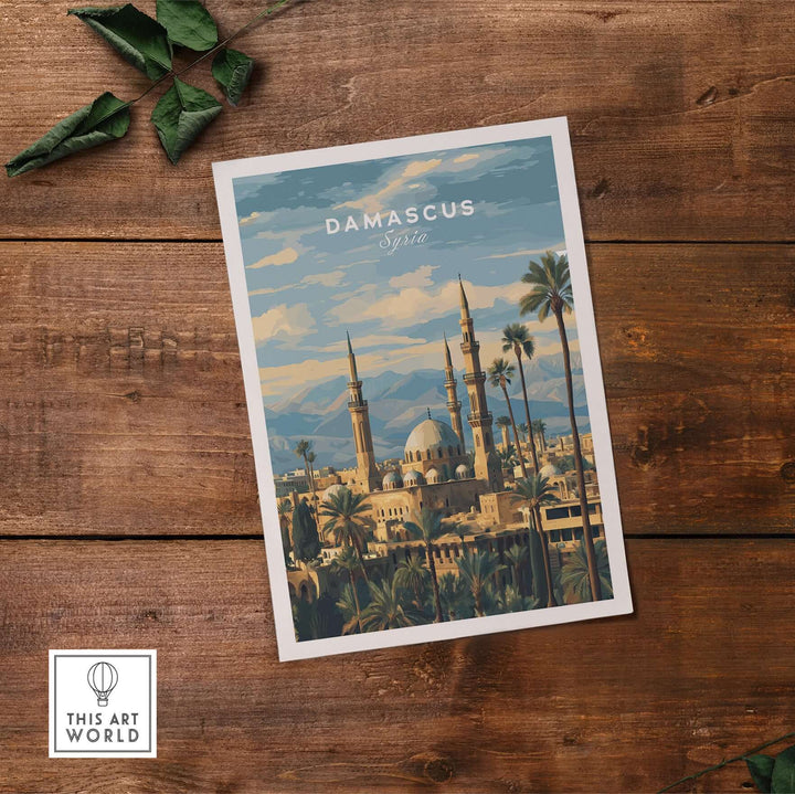 Damascus travel print featuring a Syrian mosque and palm trees, perfect for Middle East wall art decor.