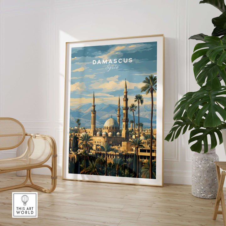 Damascus travel print featuring a Syrian mosque and palm trees, showcasing Middle Eastern culture and decor.