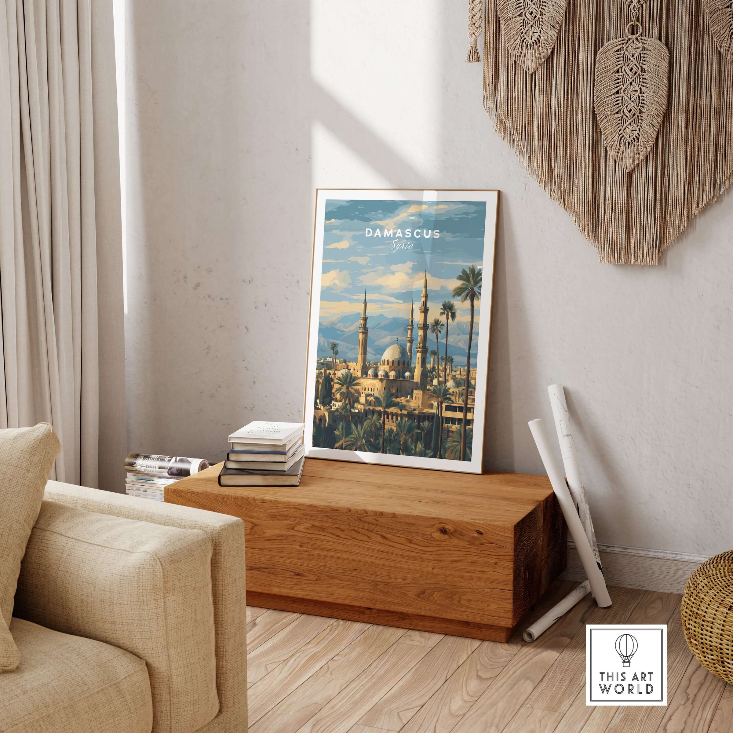 Damascus Travel Print - Syrian Mosque & Palm Trees Poster - Middle East Wall Art displayed in modern living room.