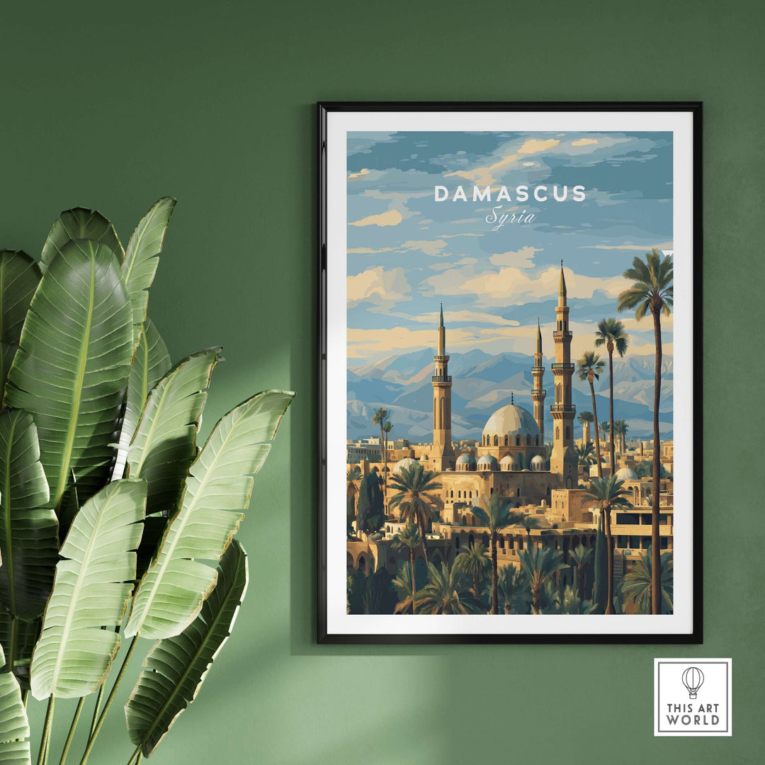 Damascus travel print showcasing a Syrian mosque surrounded by palm trees and mountains, framed for wall art decor.