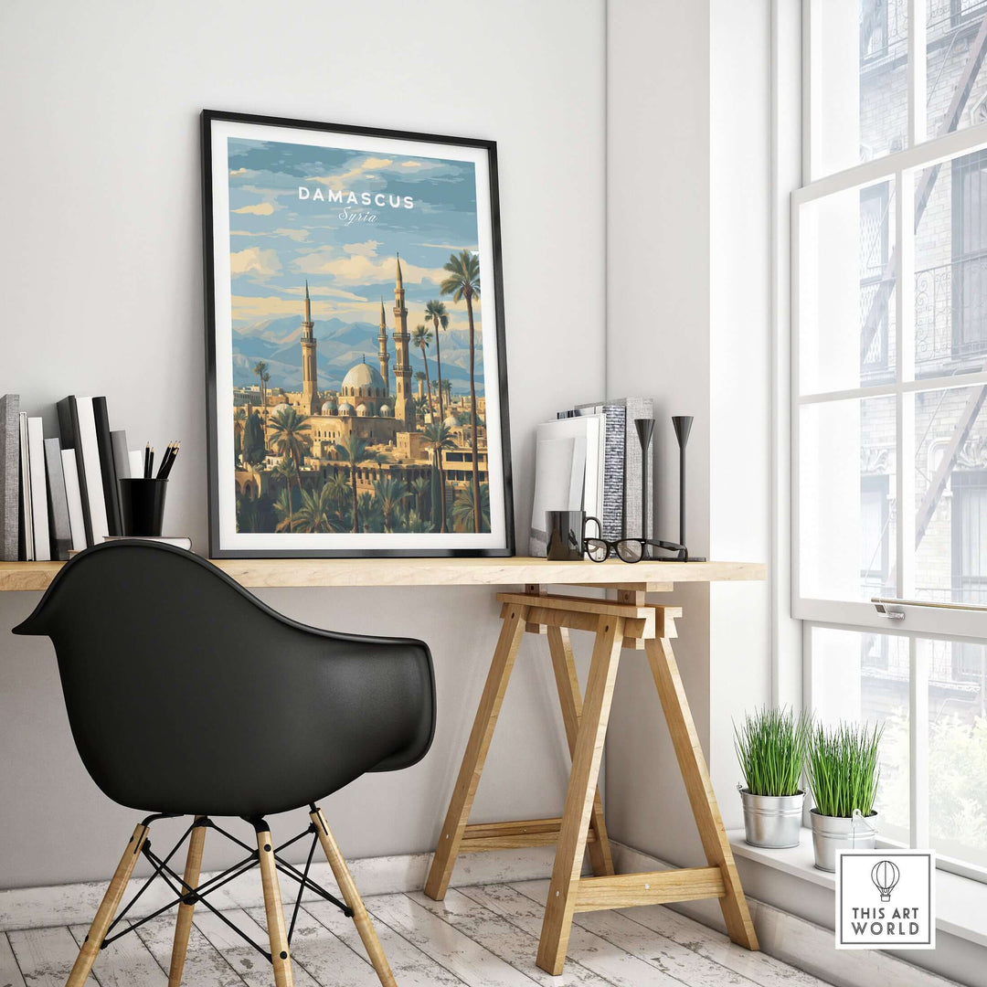 Damascus travel print featuring a Syrian mosque and palm trees, enhancing a modern home office decor.